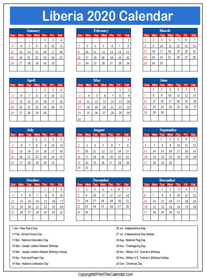 Liberia Printable Calendar 2020